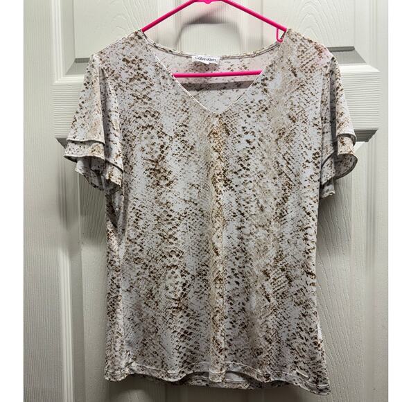 Calvin Klein Women's Size Medium White Brown Snakeskin Print Layered Sleeve Top - Picture 1 of 6